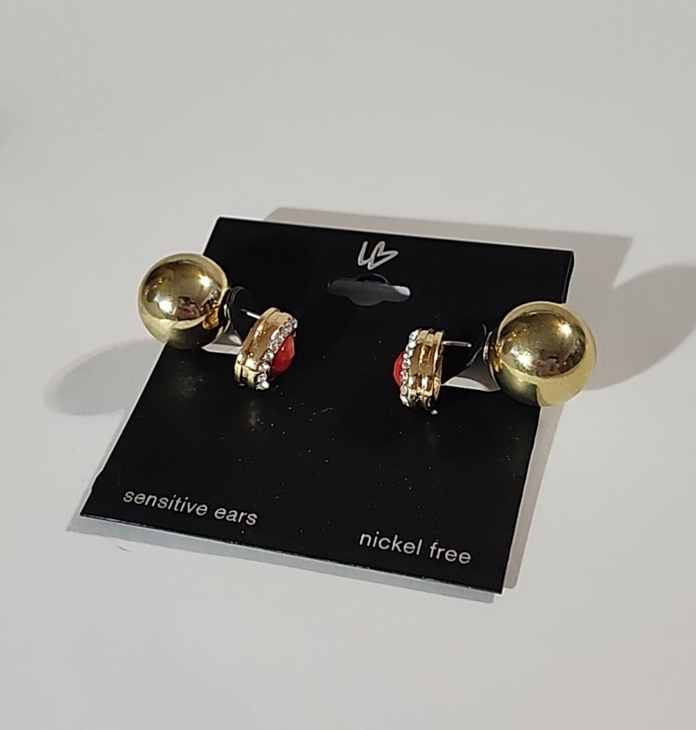 G by Gennaro Teardrop Earrings Gold Color Double Sided Ball Red Rhinestones